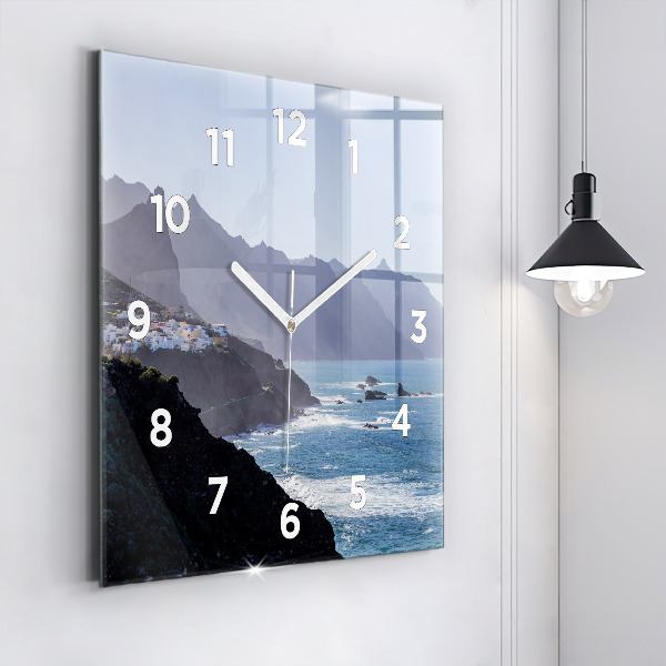 Square glass wall clock Mountains by the ocean