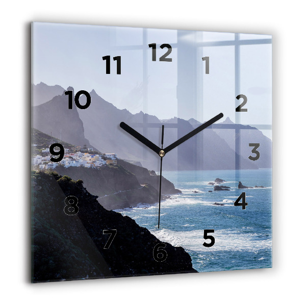 Square glass wall clock Mountains by the ocean