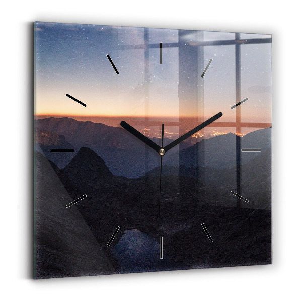 Square glass wall clock Mountains at sunset