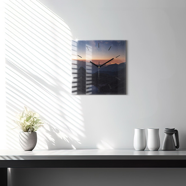 Square glass wall clock Mountains at sunset