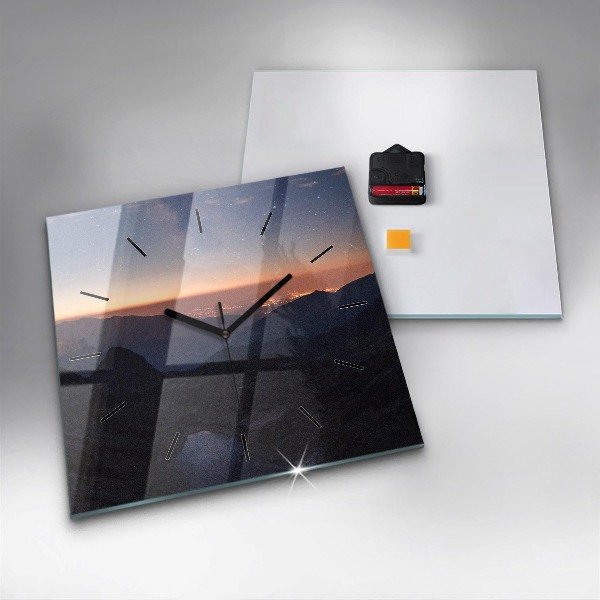 Square glass wall clock Mountains at sunset