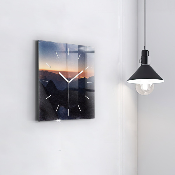 Square glass wall clock Mountains at sunset