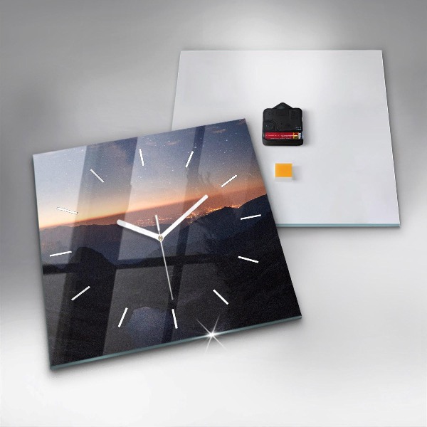 Square glass wall clock Mountains at sunset