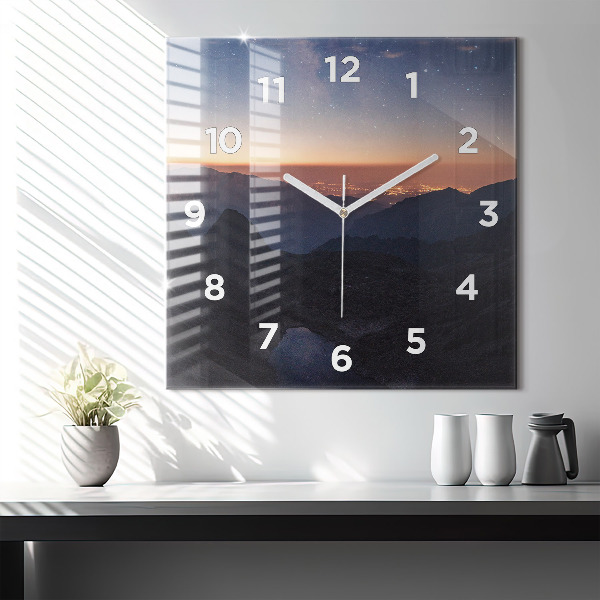 Square glass wall clock Mountains at sunset