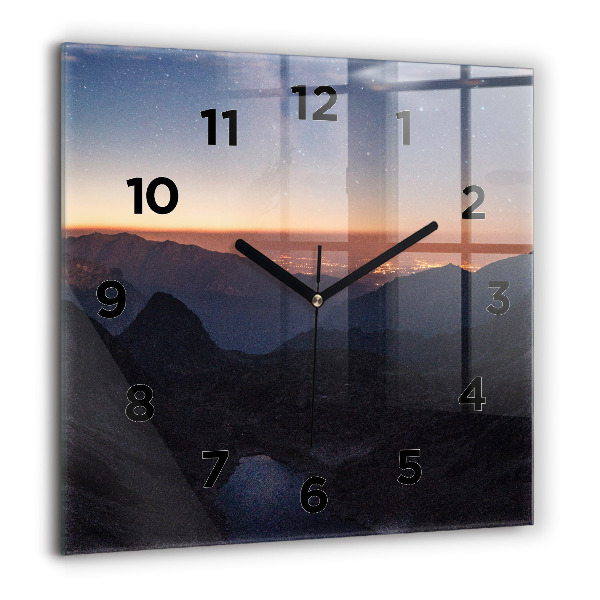 Square glass wall clock Mountains at sunset