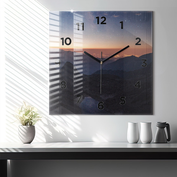 Square glass wall clock Mountains at sunset