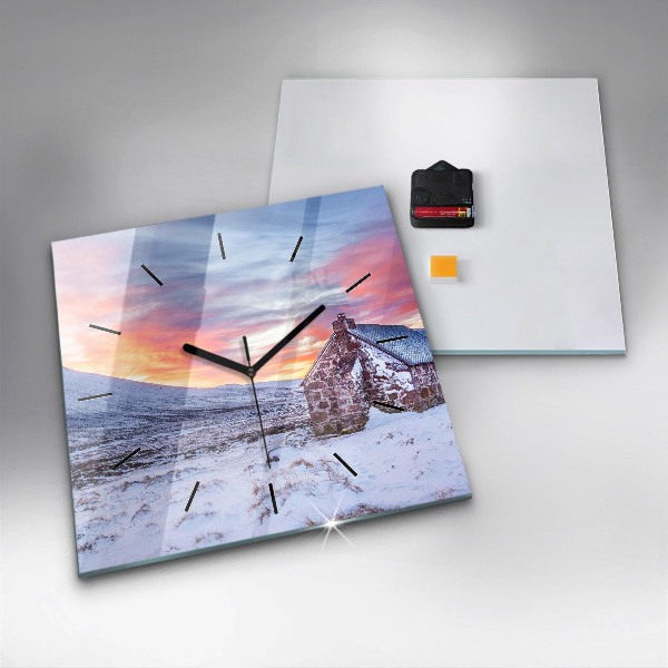 Square glass wall clock Cottage in the mountains