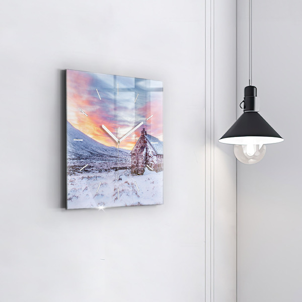 Square glass wall clock Cottage in the mountains