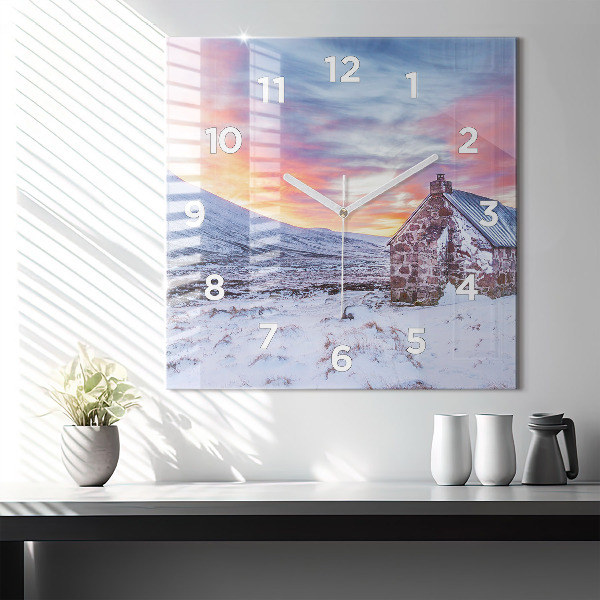 Square glass wall clock Cottage in the mountains