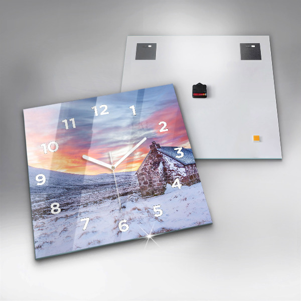 Square glass wall clock Cottage in the mountains