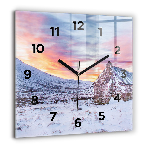 Square glass wall clock Cottage in the mountains