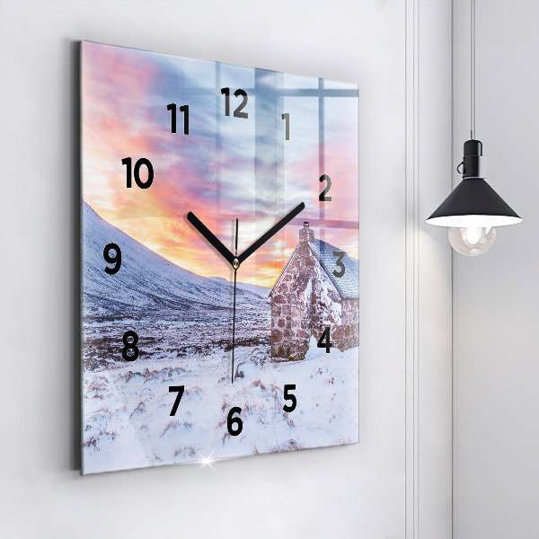 Square glass wall clock Cottage in the mountains