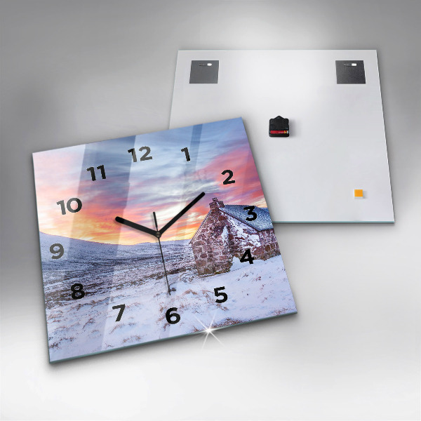 Square glass wall clock Cottage in the mountains