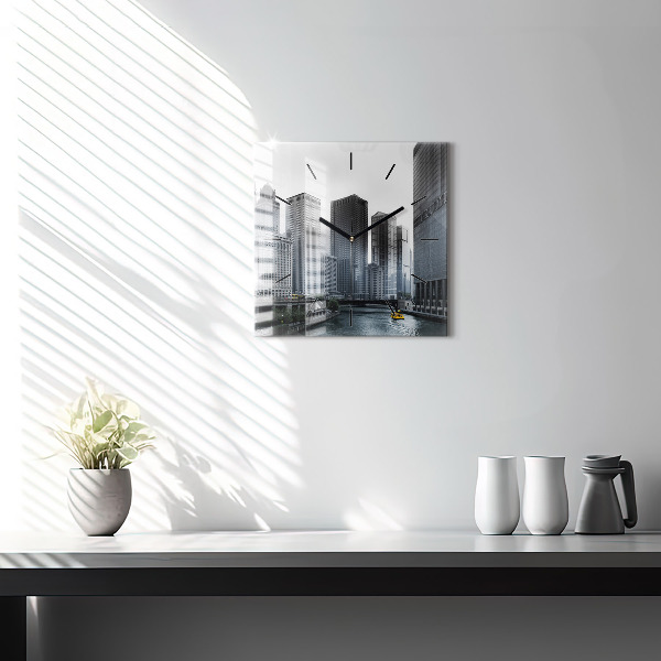 Square glass wall clock City panorama