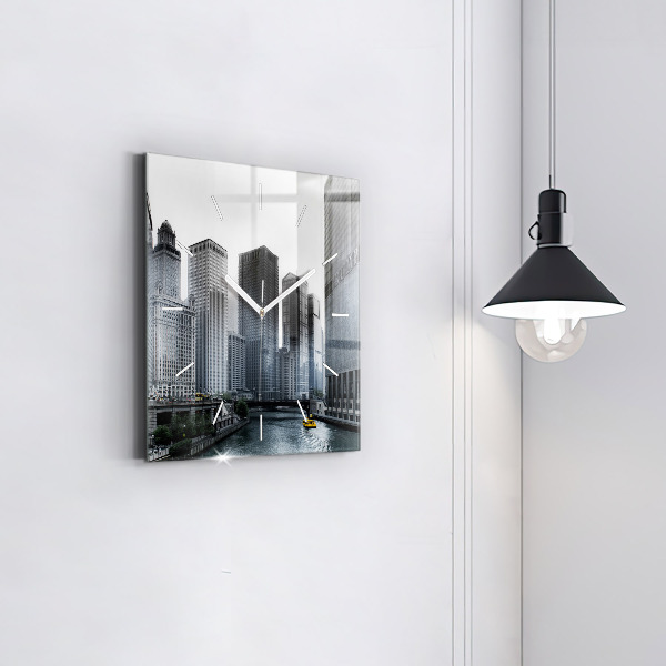 Square glass wall clock City panorama