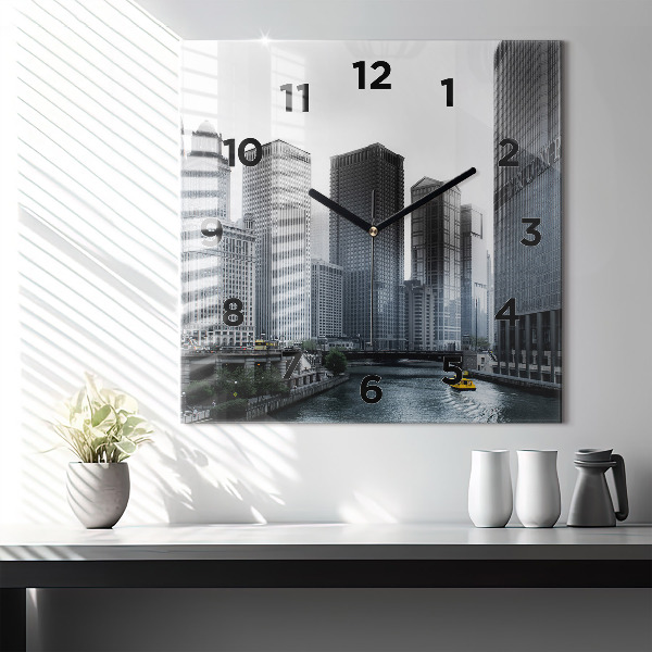 Square glass wall clock City panorama