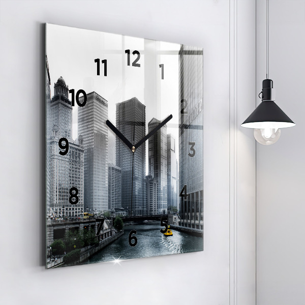 Square glass wall clock City panorama