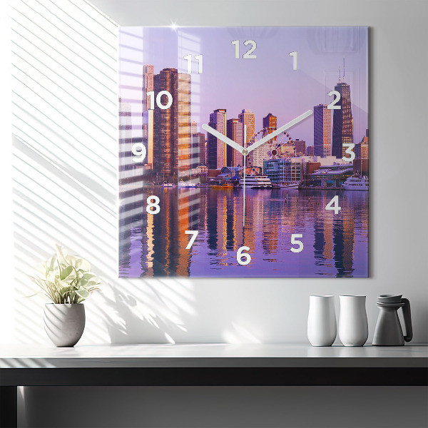 Square glass wall clock View of the skyscrapers of the USA