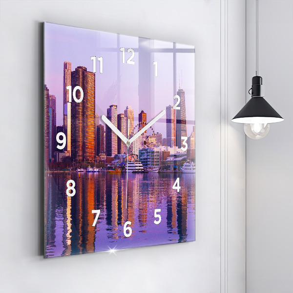 Square glass wall clock View of the skyscrapers of the USA