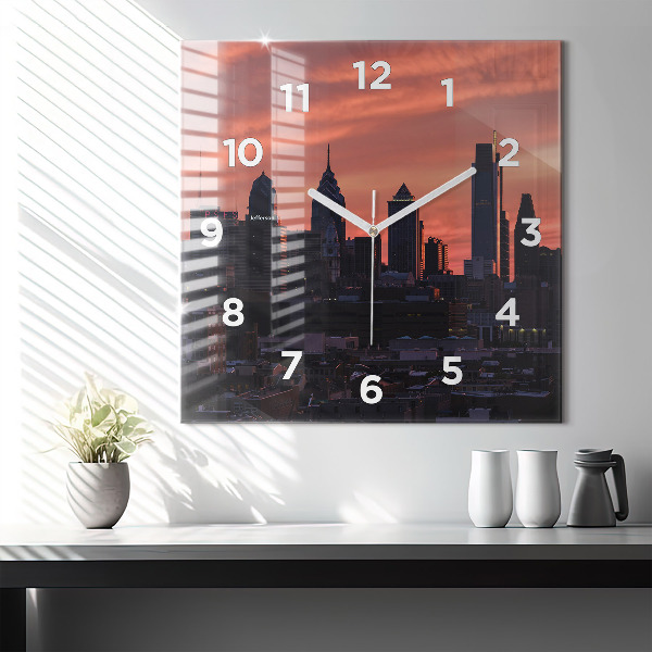 Square glass wall clock Philadelphia City Skyline