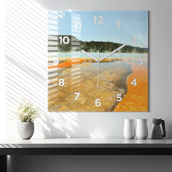 Square glass wall clock Lake with Mountains