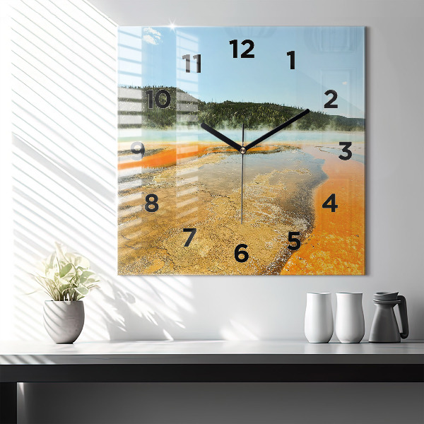 Square glass wall clock Lake with Mountains