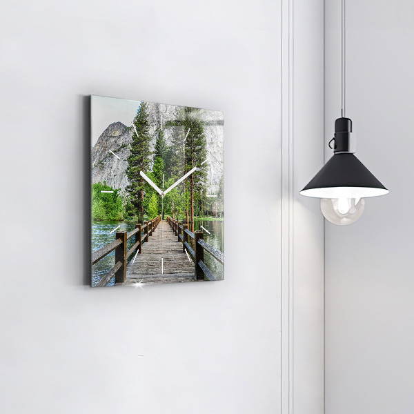 Square glass wall clock Yosemite Wooden Bridge