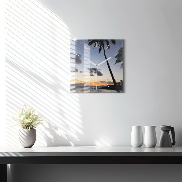 Square glass wall clock Palm tree and sunrise