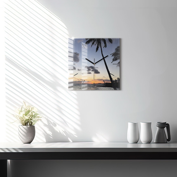 Square glass wall clock Palm tree and sunrise