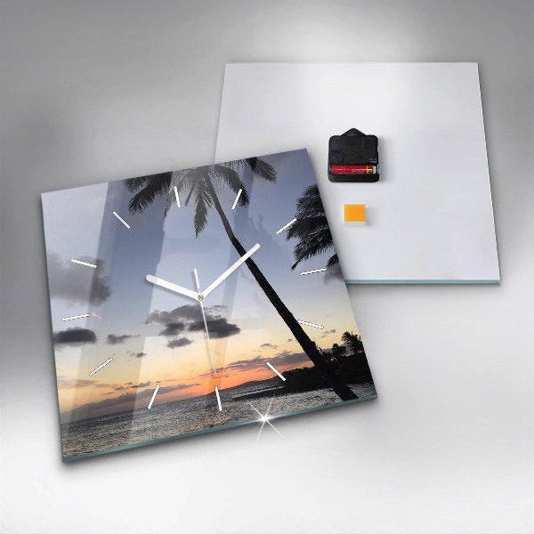 Square glass wall clock Palm tree and sunrise