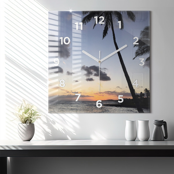 Square glass wall clock Palm tree and sunrise