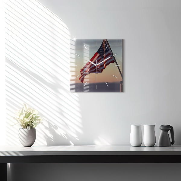 Square glass wall clock USA flag flying