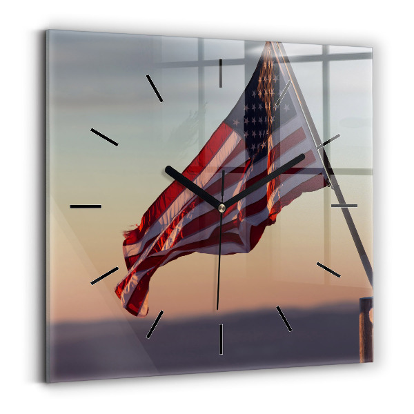 Square glass wall clock USA flag flying