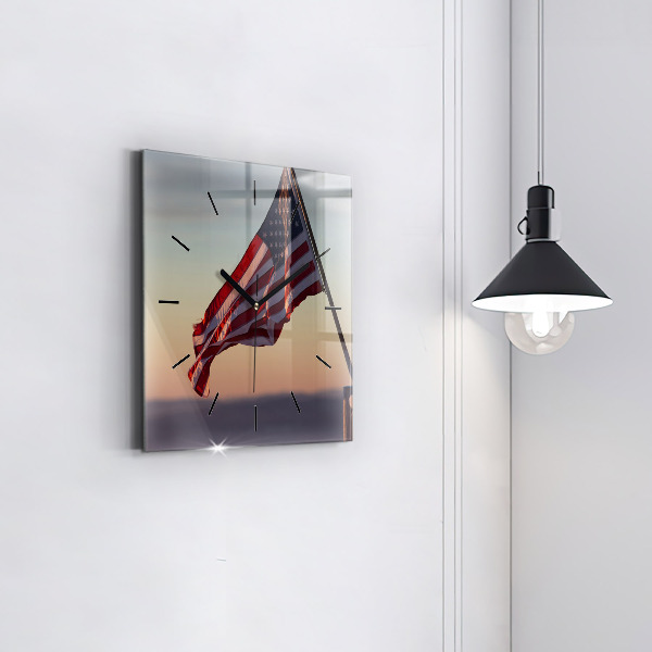Square glass wall clock USA flag flying