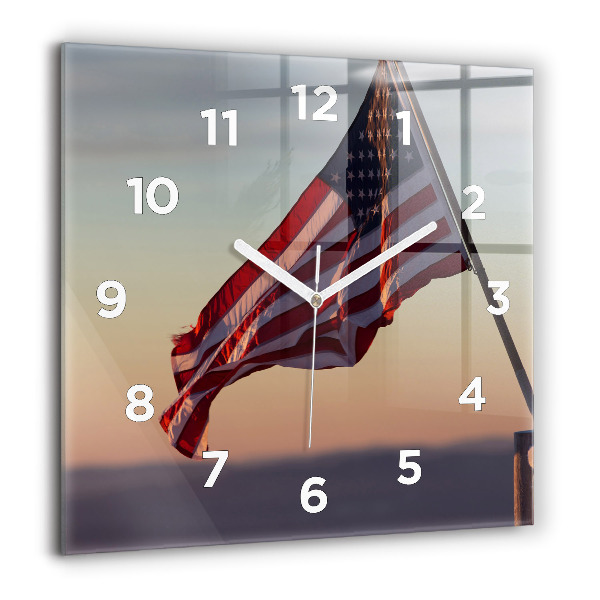Square glass wall clock USA flag flying