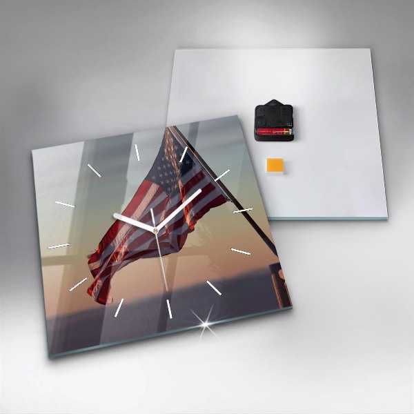 Square glass wall clock USA flag flying