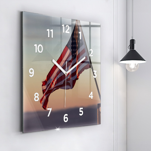 Square glass wall clock USA flag flying