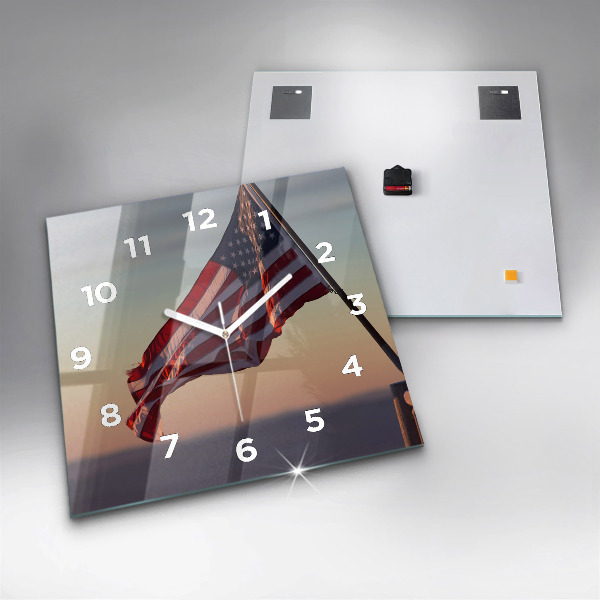 Square glass wall clock USA flag flying