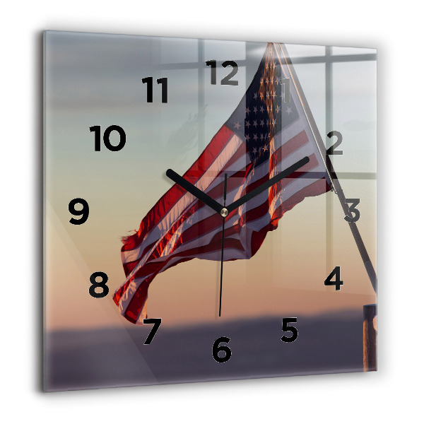 Square glass wall clock USA flag flying