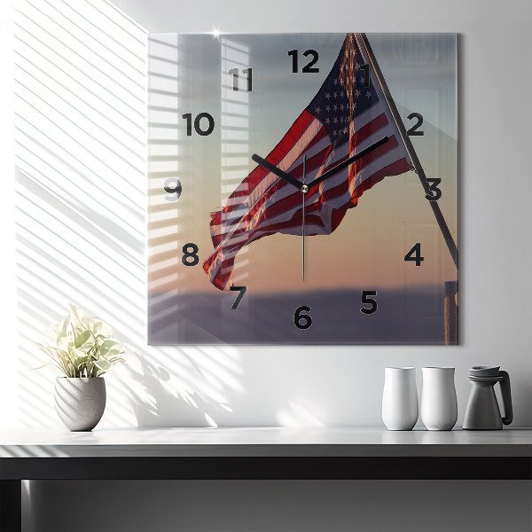 Square glass wall clock USA flag flying