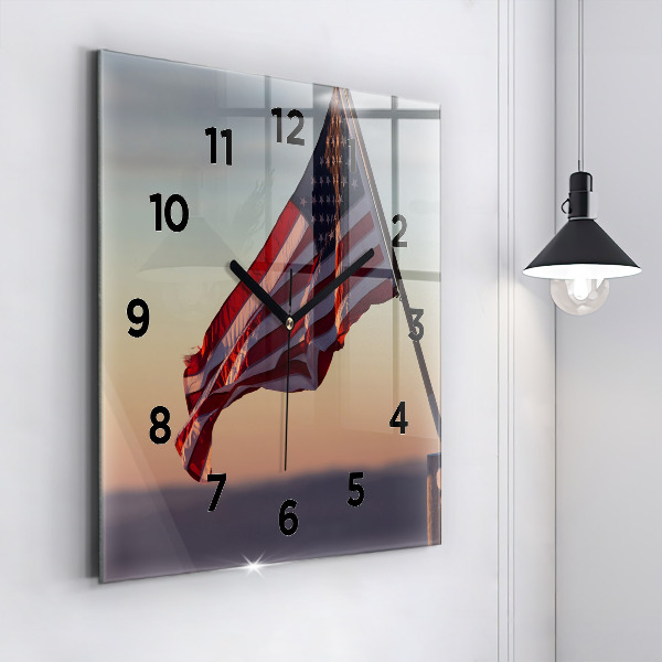 Square glass wall clock USA flag flying
