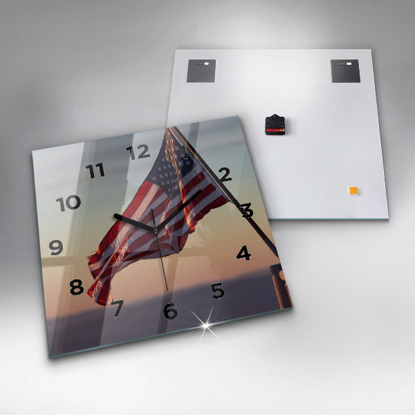 Square glass wall clock USA flag flying