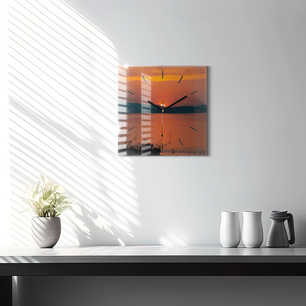 Square glass wall clock Lake Balaton in the evening