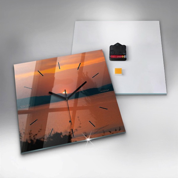 Square glass wall clock Lake Balaton in the evening