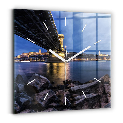 Square glass wall clock Rocky shore under the bridge