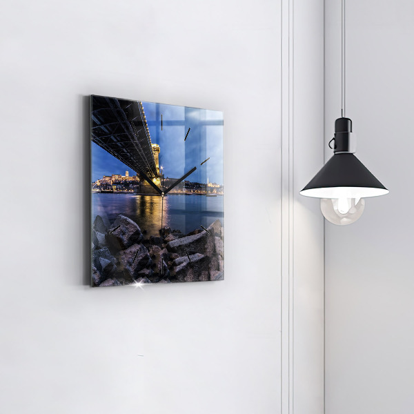 Square glass wall clock Rocky shore under the bridge