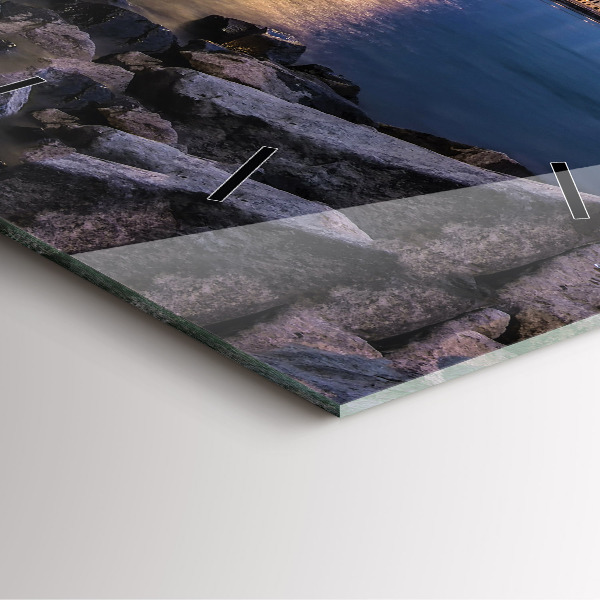 Square glass wall clock Rocky shore under the bridge
