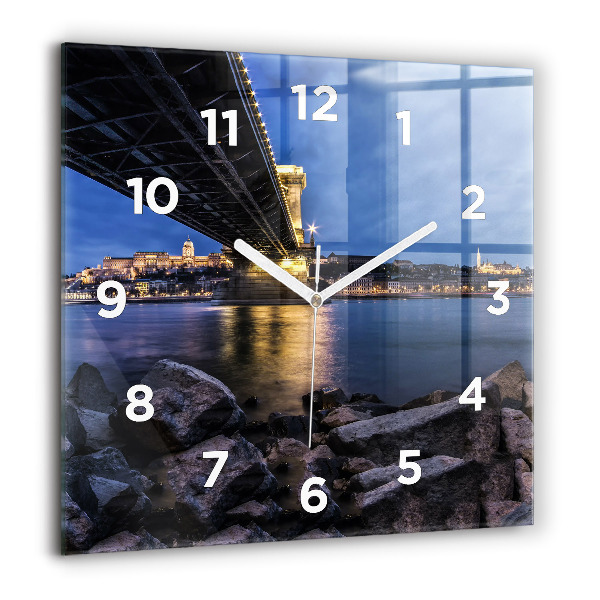 Square glass wall clock Rocky shore under the bridge