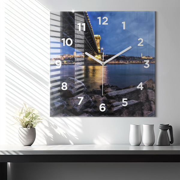 Square glass wall clock Rocky shore under the bridge