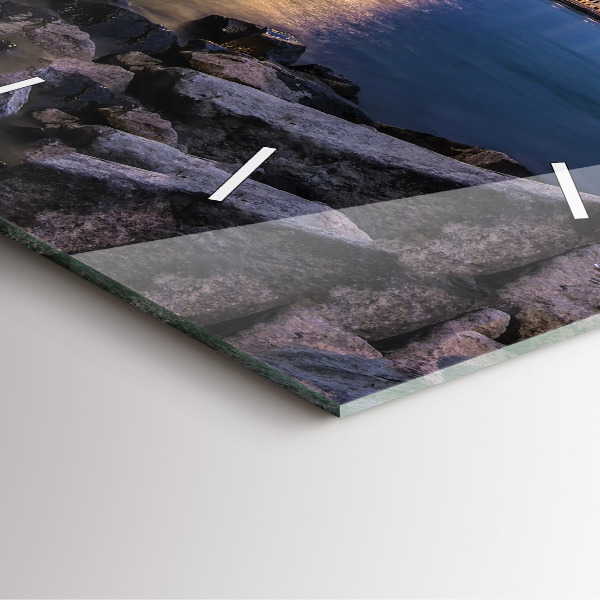 Square glass wall clock Rocky shore under the bridge